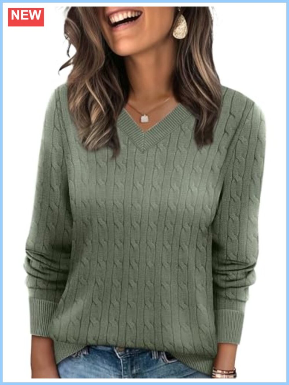 Cable Knit V-Neck Long Sleeve Pullover Sweater Business Casual Teacher Outfit